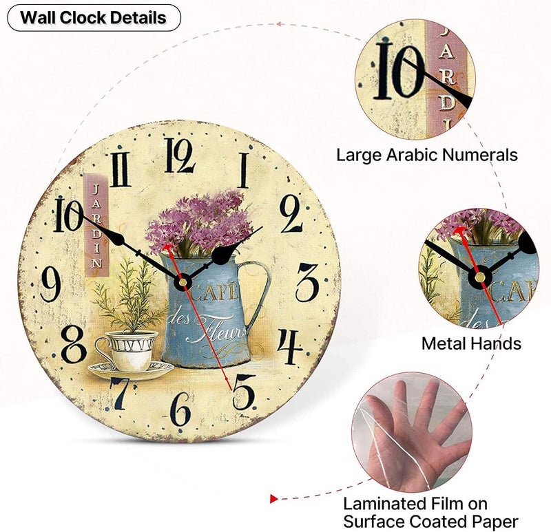 Toudorp Cafe Cup and Flowers Wall Clock, 12 Inch Battery Powered Silent Clocks, Unusual Vintage Shabby Chic Kitchen Wall Clocks Decorative for Bedroom Living Room Bathroom - Image 4