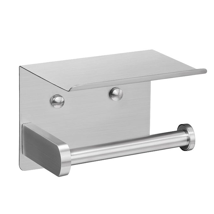SELF ADHESIVE TOILET PAPER HOLDER WITH PHONE SHELF STAINLESS STEEL WALL MOUNTED TOILET PAPER ROLL HOLDER RUSTPROOF AND BATHROOM WASHROOM TISSUE ROLL HOLDER WITH STORAGE SHELF SILVER