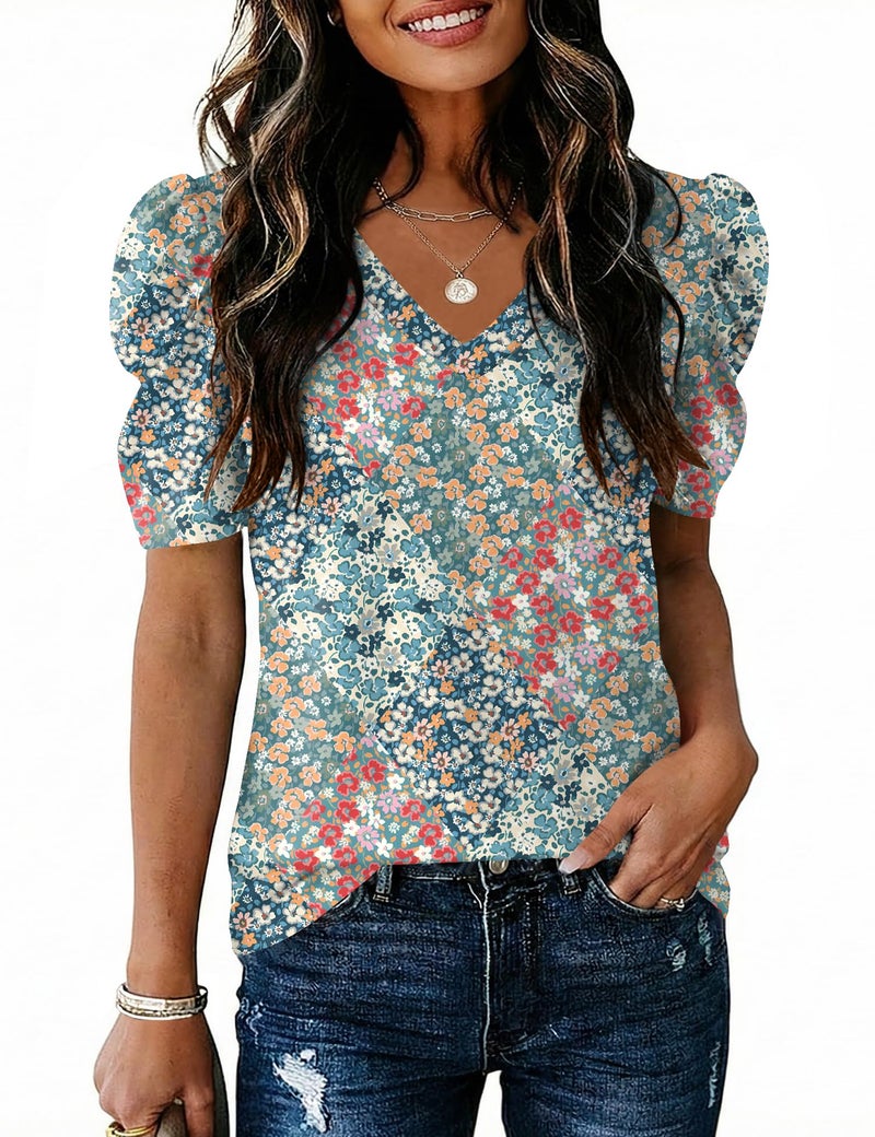 IECCP Womens Blouses Short Sleeve Summer Tops Dressy Casual Curved Hem Trendy T Shirts Multicolored Florals M - Image 1