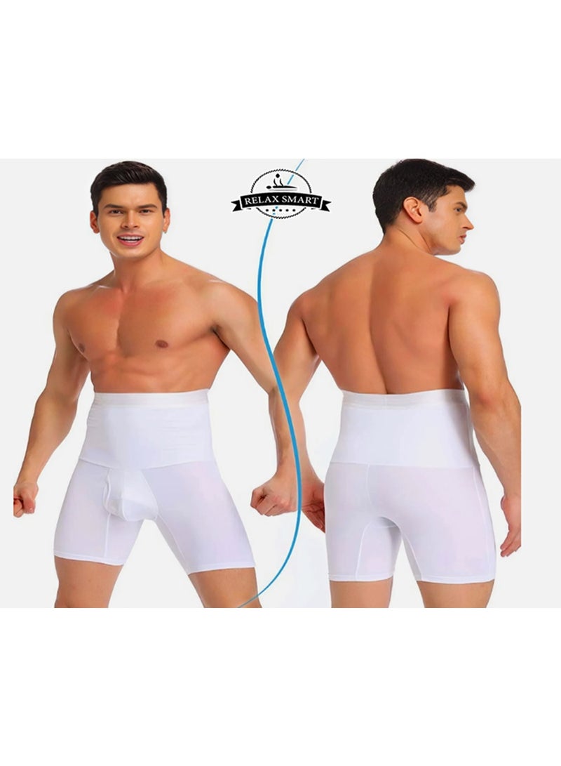 ريلاكس سمارت شورت ضغط رجالي أبيض بخصر مرتفع – دعم قوي للفخذين والبطن، مشد رياضي لتشكيل الجسم واستخدام يومي مريح - Image 1