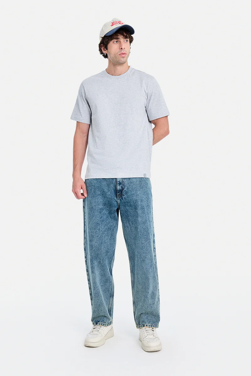 SNITCH Light Grey Solid Half Sleeve Regular Fit Casual T-Shirt