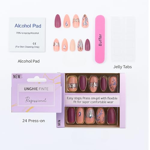 Coslifestore Pack of 24 Press On Nails | Reusable Stick-On Artificial Gel Nail Tips for Girls, Women & Brides | Almond Shape Glossy Finish with Stones & Rhinestones | Wedding, Party & Special Occasion Wear (lilac Pink, Peach floral design with stones) - Image 3