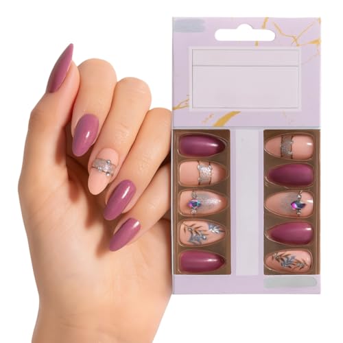 Coslifestore Pack of 24 Press On Nails | Reusable Stick-On Artificial Gel Nail Tips for Girls, Women & Brides | Almond Shape Glossy Finish with Stones & Rhinestones | Wedding, Party & Special Occasion Wear (lilac Pink, Peach floral design with stones) - Image 1