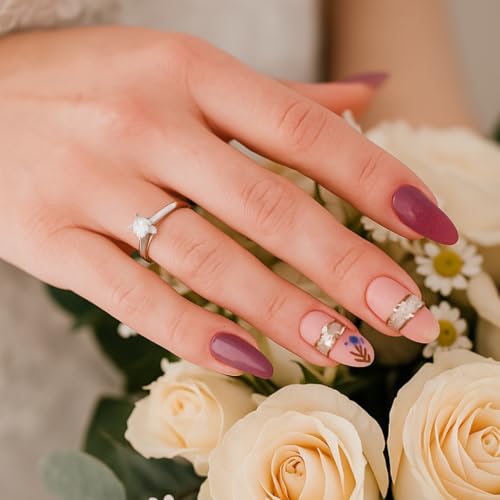 Coslifestore Pack of 24 Press On Nails | Reusable Stick-On Artificial Gel Nail Tips for Girls, Women & Brides | Almond Shape Glossy Finish with Stones & Rhinestones | Wedding, Party & Special Occasion Wear (lilac Pink, Peach floral design with stones) - Image 2