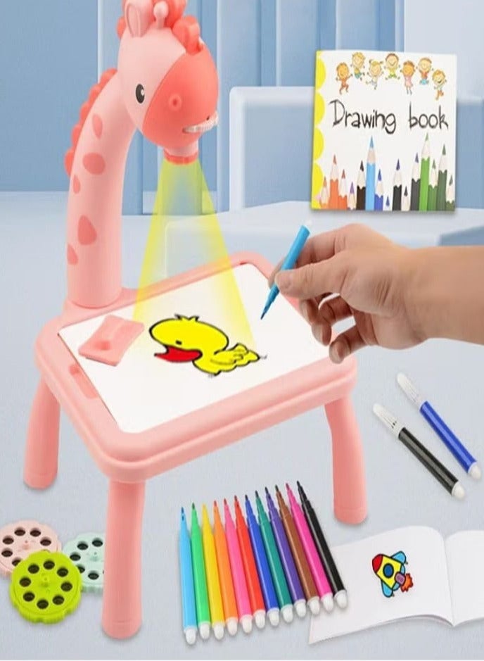 لعبة جهاز عرض رسم الزرافة - طاولة جهاز عرض رسم للأطفال، لوحة رسم للأطفال، طاولة جهاز عرض، مكتب تعليمي للأطفال مع جهاز عرض ذكي للأطفال الأولاد والبنات من سن 3 سنوات فما فوق (وردي) - Image 1