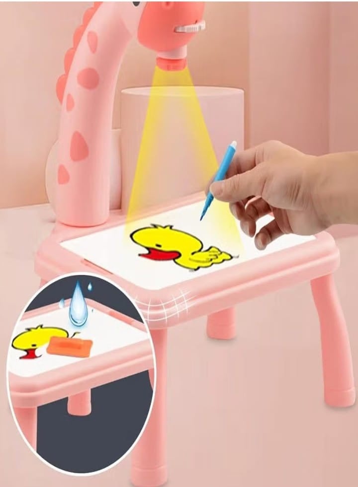 لعبة جهاز عرض رسم الزرافة - طاولة جهاز عرض رسم للأطفال، لوحة رسم للأطفال، طاولة جهاز عرض، مكتب تعليمي للأطفال مع جهاز عرض ذكي للأطفال الأولاد والبنات من سن 3 سنوات فما فوق (وردي) - Image 2