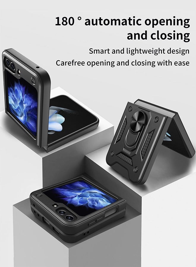 فزاع Samsung Galaxy Z Flip 5 Case with Built in Rotatable Magnetic Ring Holder Kickstand, Heavy Duty Shockproof Protective Armor Phone Cover for Women men, Black - Image 2