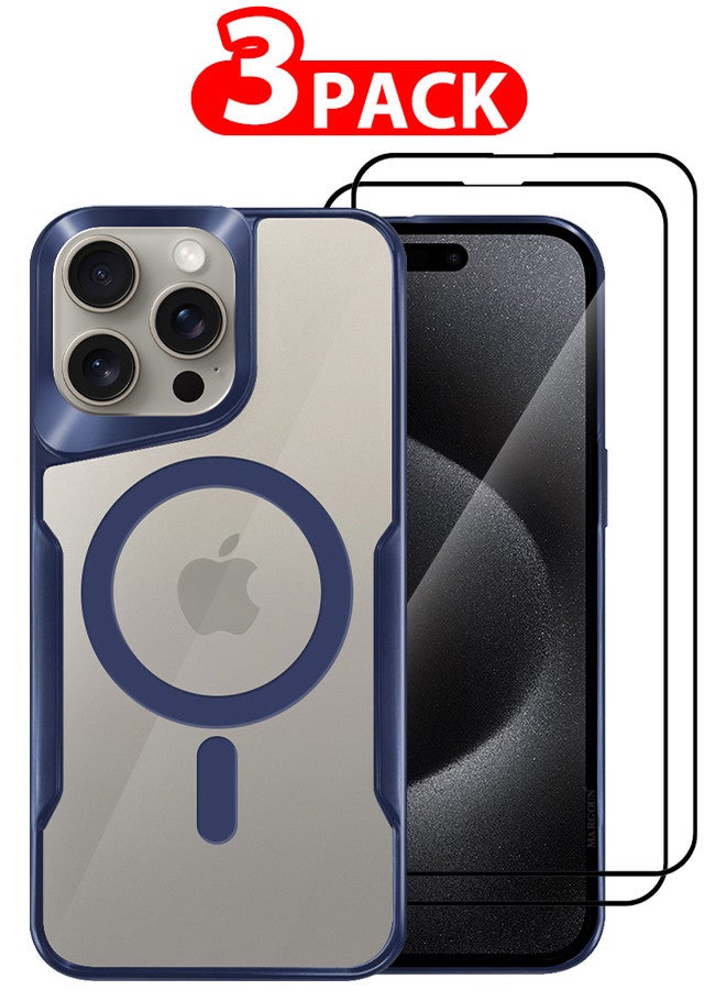 MARGOUN 3 Pack for iPhone 15 Pro Max Case and 2 Screen Protectors Magnetic Phone Case Slim Shockproof Cover New Design Electroplated Case Cover Dark Blue - Image 1