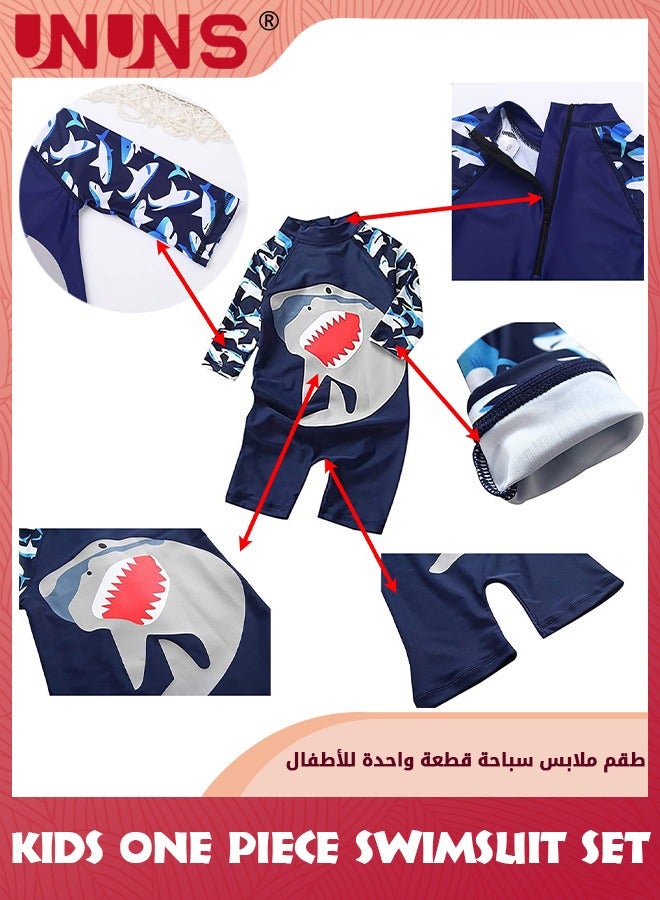 UNUNS One Piece Swimsuit Set For Baby Toddler,Kids Boys Girls' One-Piece Swimsuits With Hat,Long Sleeves Guard Swimsuit Swimwear,Zipper Bathing Suit Beach Swimwear,UV Sun Protection,Navy Blue Shark - Image 2