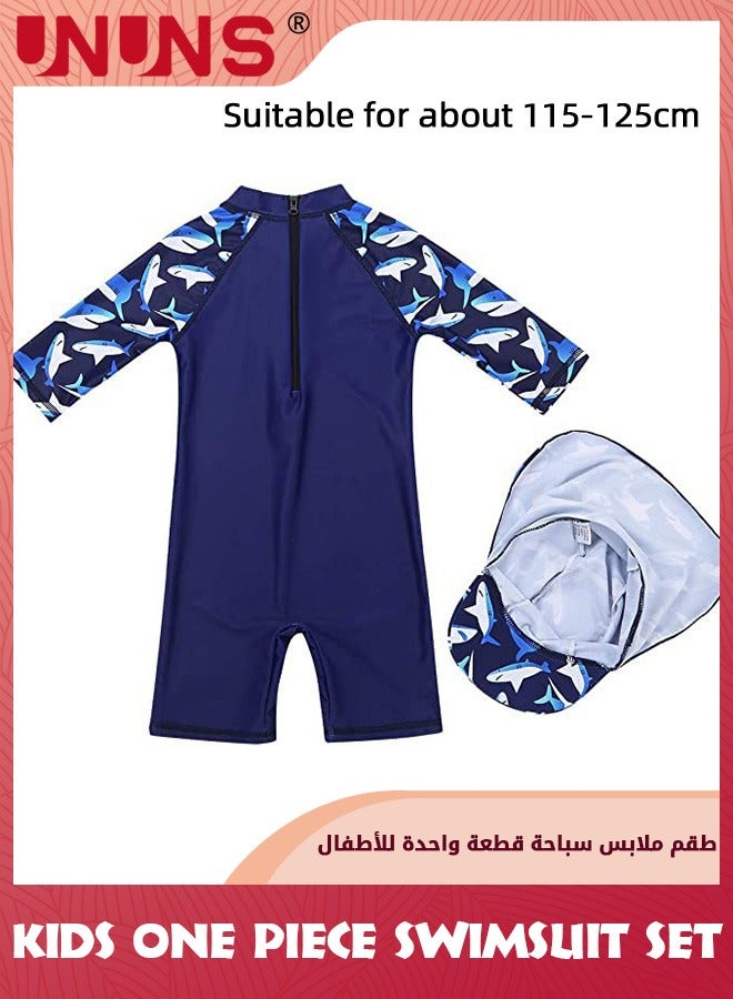 UNUNS One Piece Swimsuit Set For Baby Toddler,Kids Boys Girls' One-Piece Swimsuits With Hat,Long Sleeves Guard Swimsuit Swimwear,Zipper Bathing Suit Beach Swimwear,UV Sun Protection,Navy Blue Shark - Image 5
