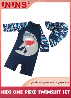 UNUNS One Piece Swimsuit Set For Baby Toddler,Kids Boys Girls' One-Piece Swimsuits With Hat,Long Sleeves Guard Swimsuit Swimwear,Zipper Bathing Suit Beach Swimwear,UV Sun Protection,Navy Blue Shark  - Image 1