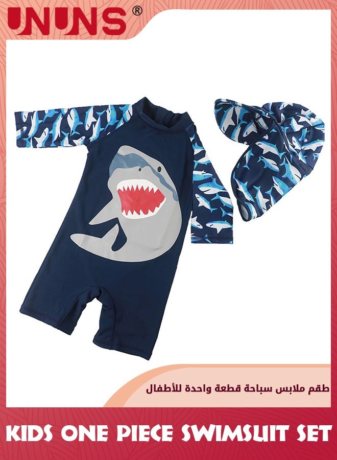 UNUNS One Piece Swimsuit Set For Baby Toddler,Kids Boys Girls' One-Piece Swimsuits With Hat,Long Sleeves Guard Swimsuit Swimwear,Zipper Bathing Suit Beach Swimwear,UV Sun Protection,Navy Blue Shark - Image 1