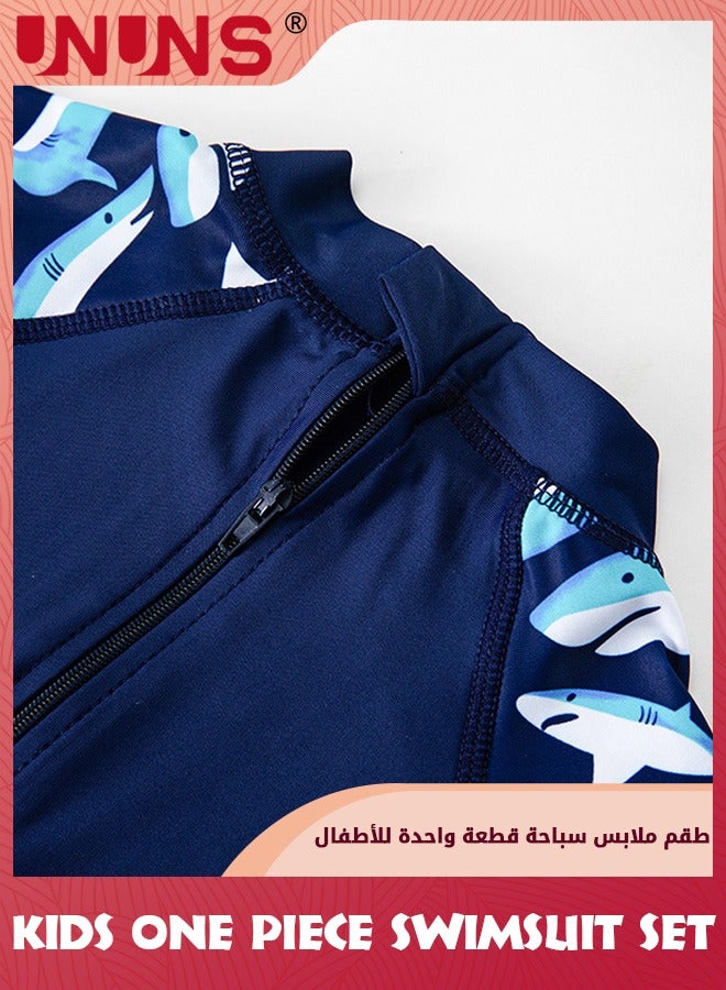 UNUNS One Piece Swimsuit Set For Baby Toddler,Kids Boys Girls' One-Piece Swimsuits With Hat,Long Sleeves Guard Swimsuit Swimwear,Zipper Bathing Suit Beach Swimwear,UV Sun Protection,Navy Blue Shark - Image 3