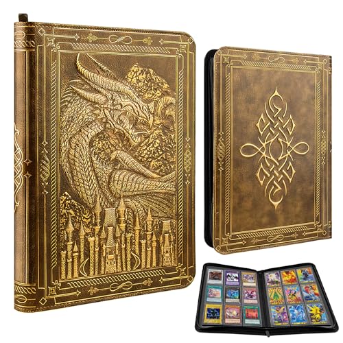 TIANREN Card Binder 9 Pocket 3D PU Leather Album with Zipper 360 Side Loading Pockets for TCG MTG Lorcana Other Collectible Cards Trading Card Game Protective Folder Album Golden Brown - Image 1