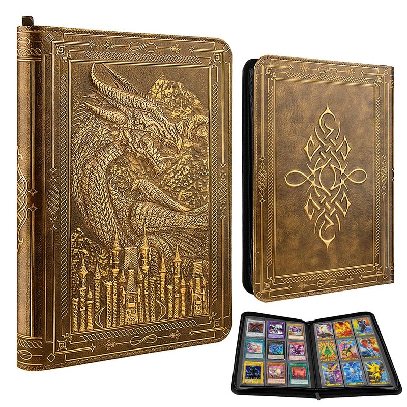 TIANREN Card Binder 9 Pocket 3D PU Leather Album with Zipper 360 Side Loading Pockets for TCG MTG Lorcana Other Collectible Cards Trading Card Game Protective Folder Album Golden Brown - Image 2