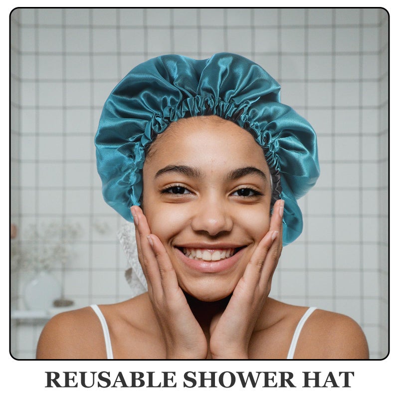 Large Adjustable Shower Cap For Women Blue Outer Black Lining Reusable Bathing Hair Bonnet - Image 4