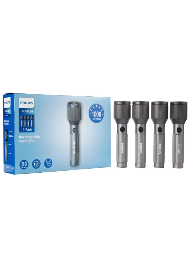 Philips Rechargeable LED Flashlight Torch Pack of 4 | 1000 Lumens Brightness | 900m Beam Range | Zoom Focus | 2000mAh Battery | USB Type-C Charging | Water Resistant | SFL2142C4 GREY - Image 1