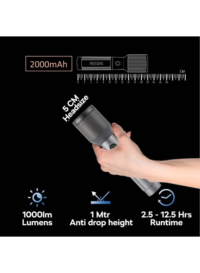 Philips Rechargeable LED Flashlight Torch Pack of 4 | 1000 Lumens Brightness | 900m Beam Range | Zoom Focus | 2000mAh Battery | USB Type-C Charging | Water Resistant | SFL2142C4 GREY - Image 3