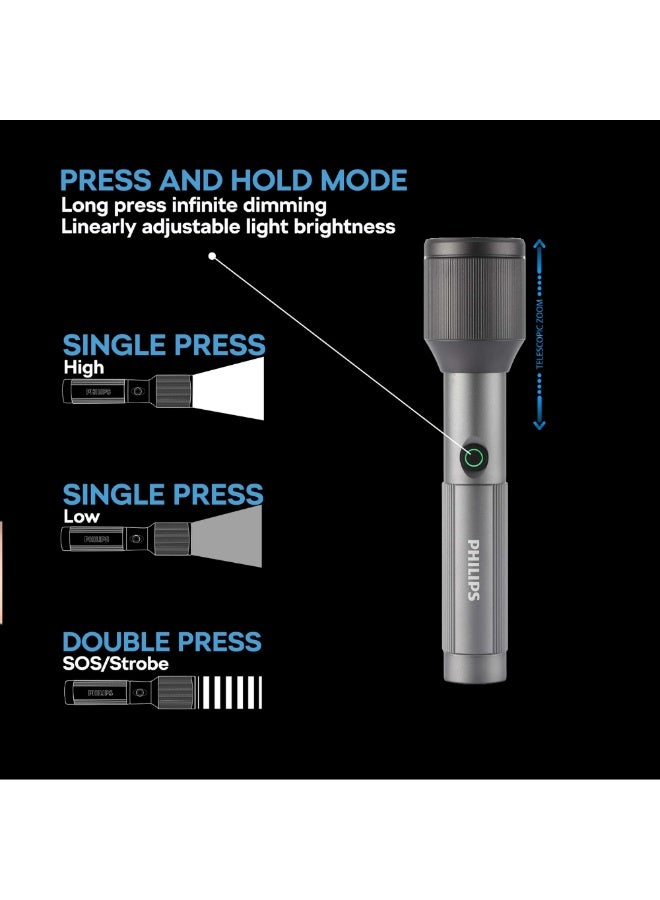 Philips Rechargeable LED Flashlight Torch Pack of 4 | 1000 Lumens Brightness | 900m Beam Range | Zoom Focus | 2000mAh Battery | USB Type-C Charging | Water Resistant | SFL2142C4 GREY - Image 5