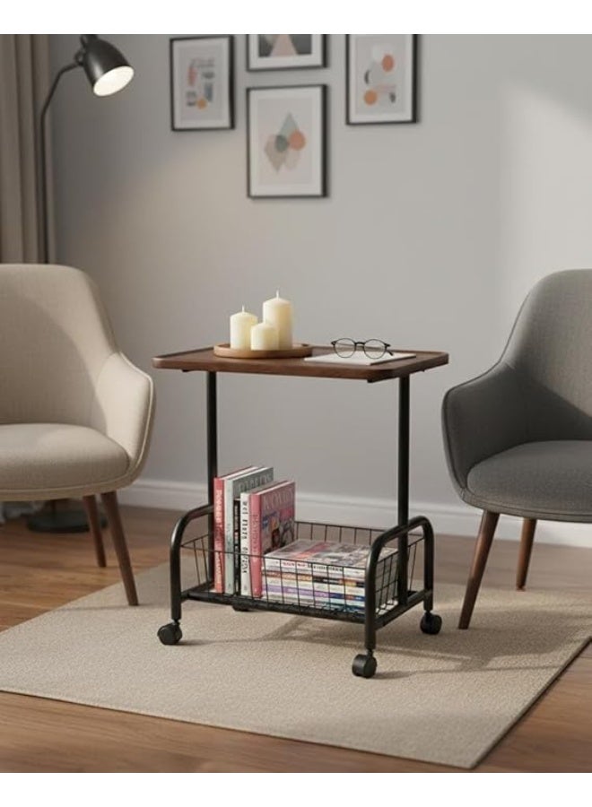 Spaceshoop Utility Side Table with Storage Basket Modern End Table with Durable Wooden Top Portable Serving Cart for Living Room Bedroom and Office Black - Image 2