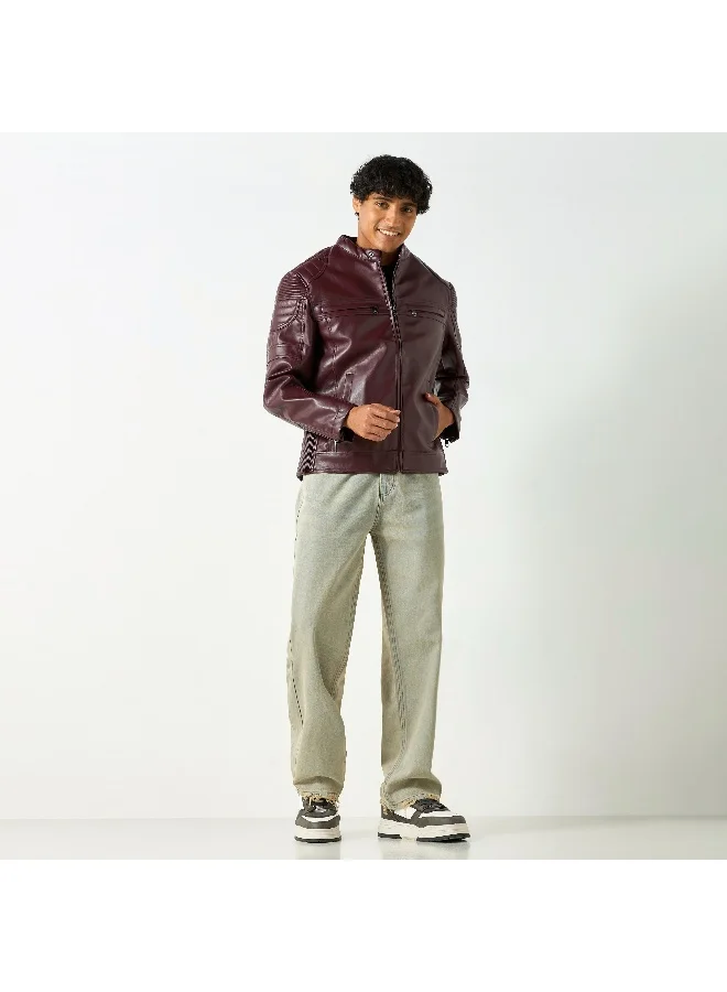 Lee Cooper Lee Cooper Solid Zip Through Biker Jacket with Pockets