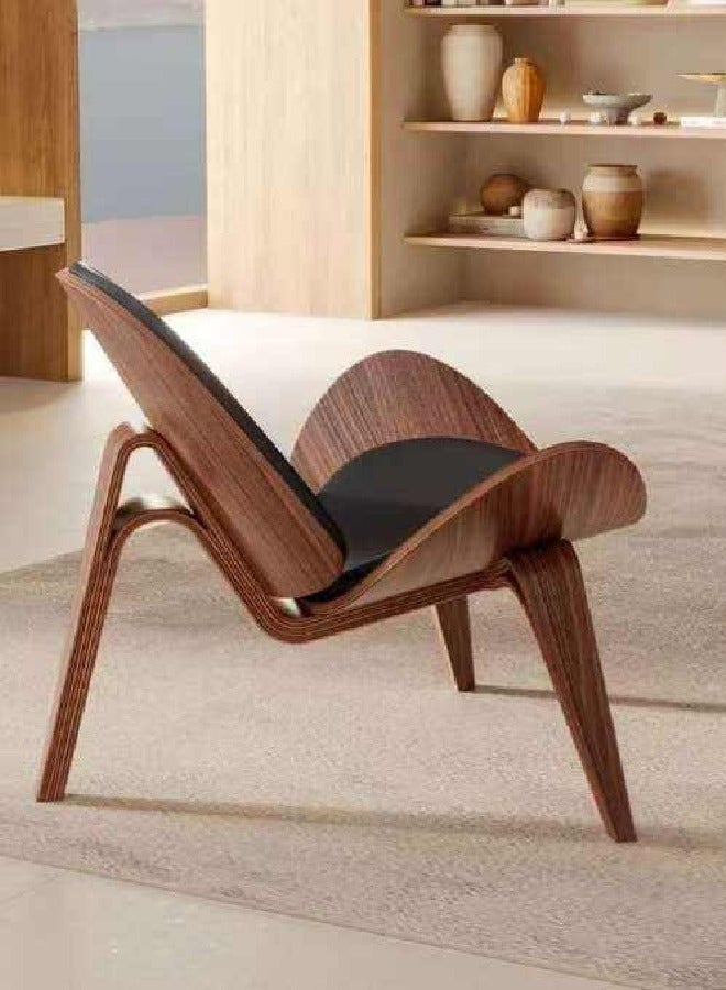 Raffine كرسي صالة حديث بتصميم اسكندنافي مع هيكل قشرة الجوز وإطار من الألياف الخشبية ووسادة إسفنجية عالية الكثافة وتنجيد من الجلد الأسود - Image 3