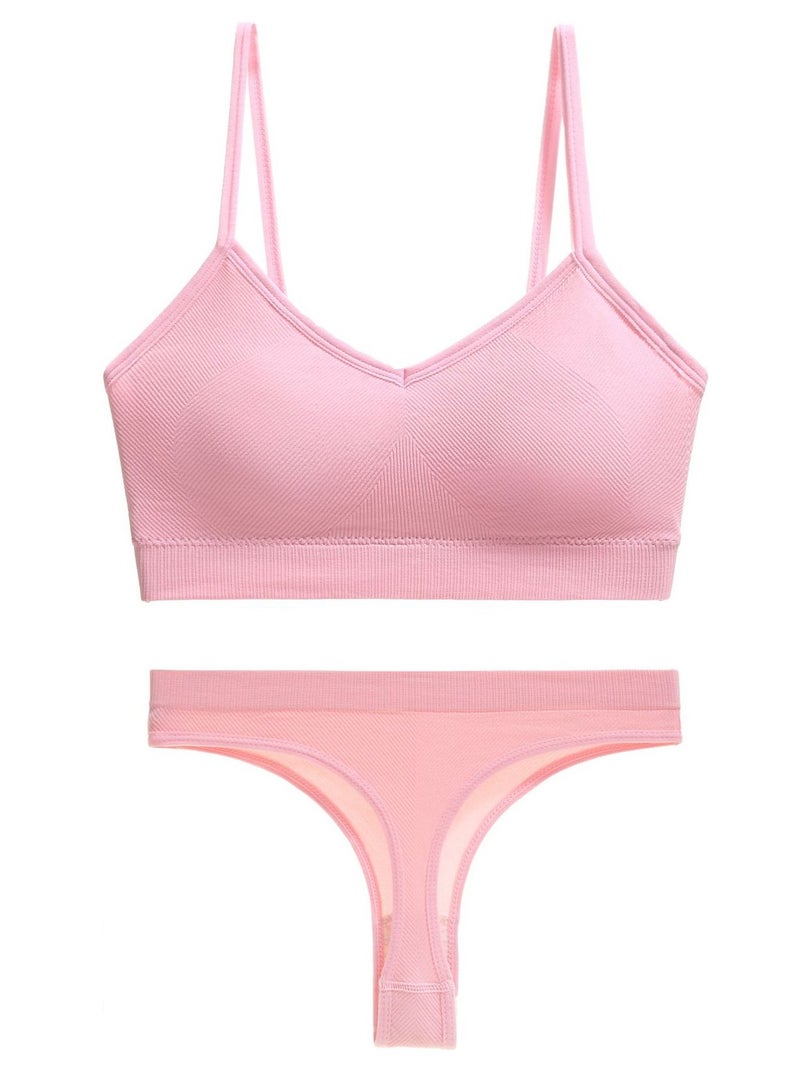 Loquat Women's Solid Color Lingerie Set 2-piece Seamless Wireless Bra+Low Waisted Thong Shorts Sport Suit Pink