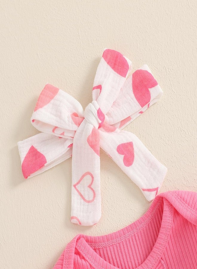 Rtnnsbbfcm Newborn Baby Girl Valentine's Day Outfit Long Sleeve Ribbed Romper Heart Print Pants Headband 3Pcs Set (Pink, 0-3 Months) - Image 4