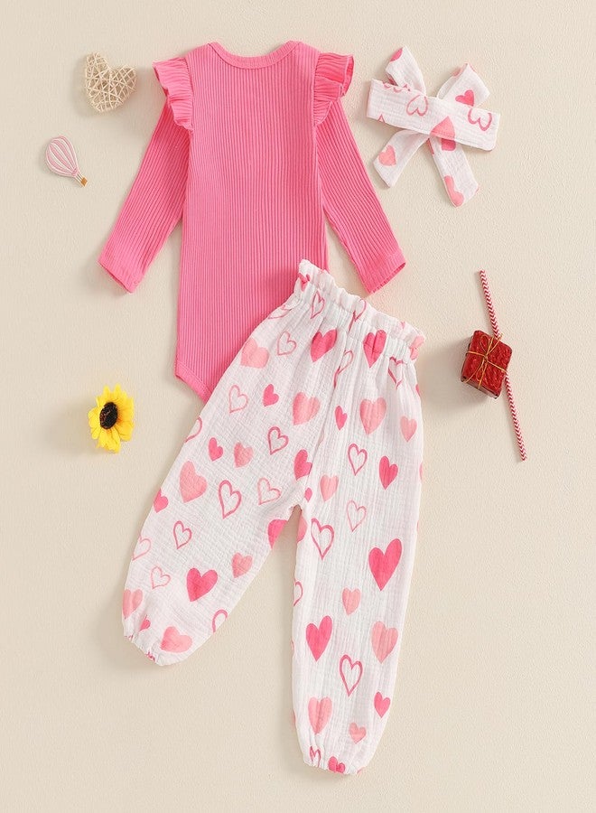 Rtnnsbbfcm Newborn Baby Girl Valentine's Day Outfit Long Sleeve Ribbed Romper Heart Print Pants Headband 3Pcs Set (Pink, 0-3 Months) - Image 3