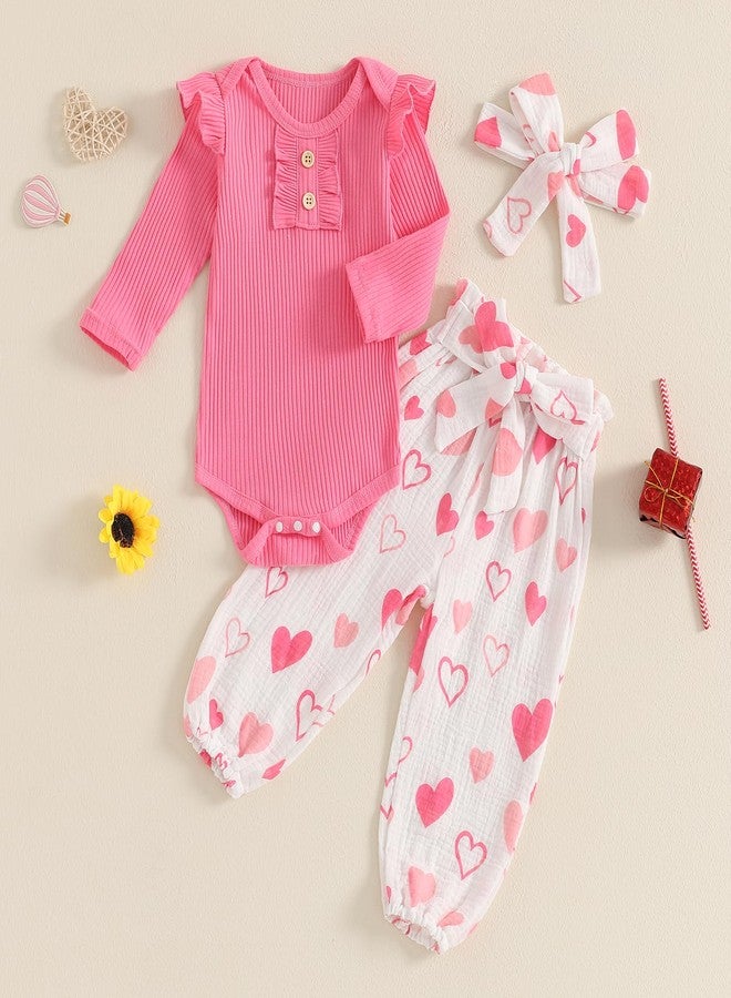 Rtnnsbbfcm Newborn Baby Girl Valentine's Day Outfit Long Sleeve Ribbed Romper Heart Print Pants Headband 3Pcs Set (Pink, 0-3 Months) - Image 2