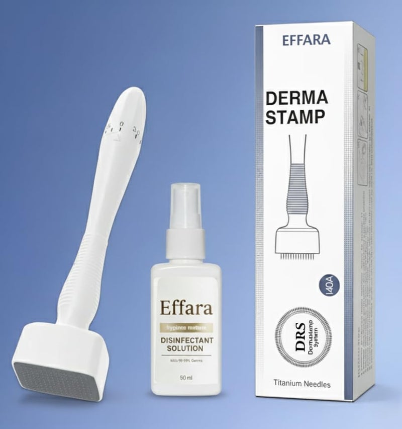 Effara Premium Derma Stamp Pro: Dermastamp with 140 Real Titanium Needles (0.25mm - 3.0mm Adjustable) - Includes Bonus 50ml Hypoallergenic Disinfectant Cleaning Spray - Image 1
