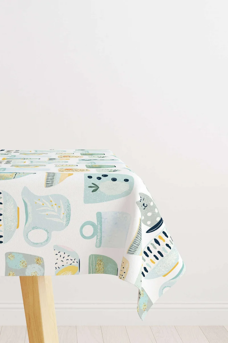 كانغو هوم White Green Decorative Cup Patterned Digital Printed Tablecloth CGH615-MS