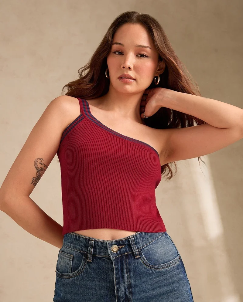 Outzidr red Red One Shoulder Flat Knit Tank for Women | Best Price UAE