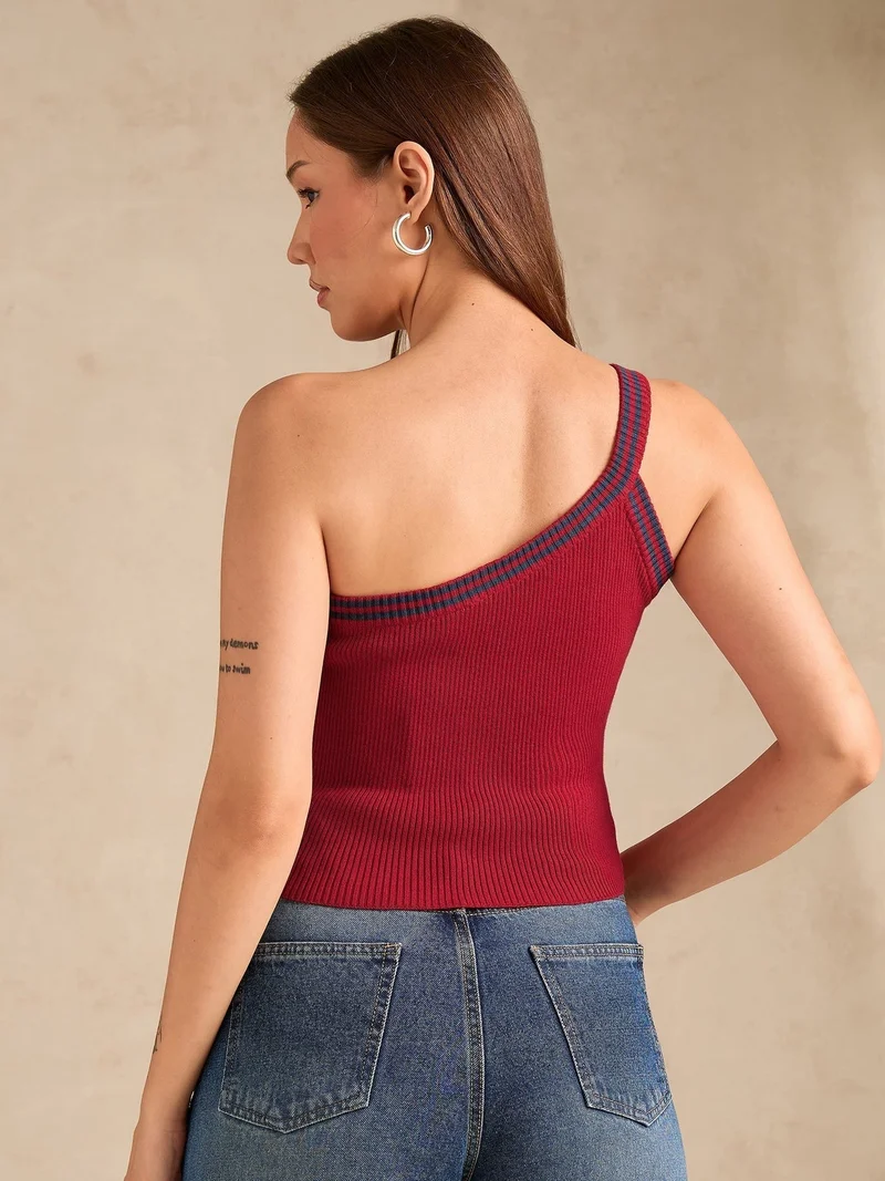 Outzidr red Red One Shoulder Flat Knit Tank for Women | Best Price UAE
