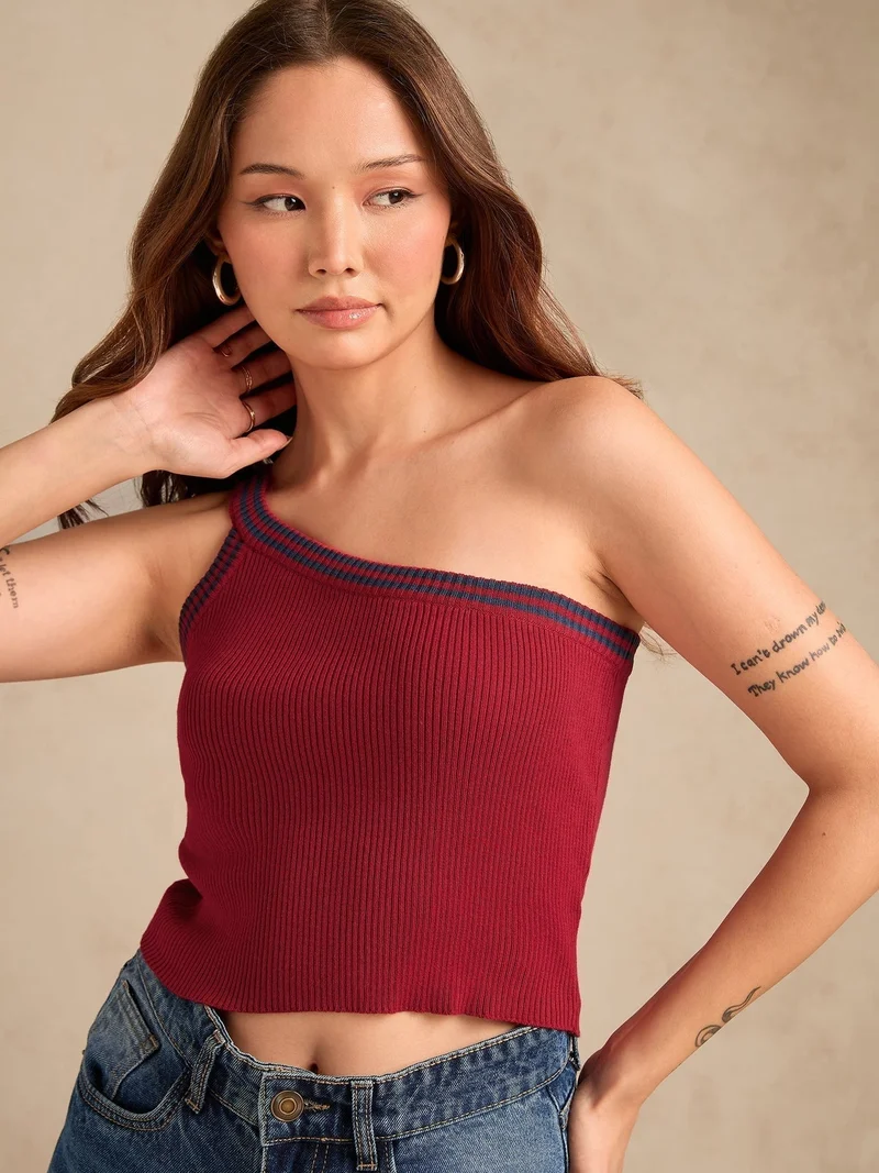 OUTZIDR Red One Shoulder Flat Knit Tank