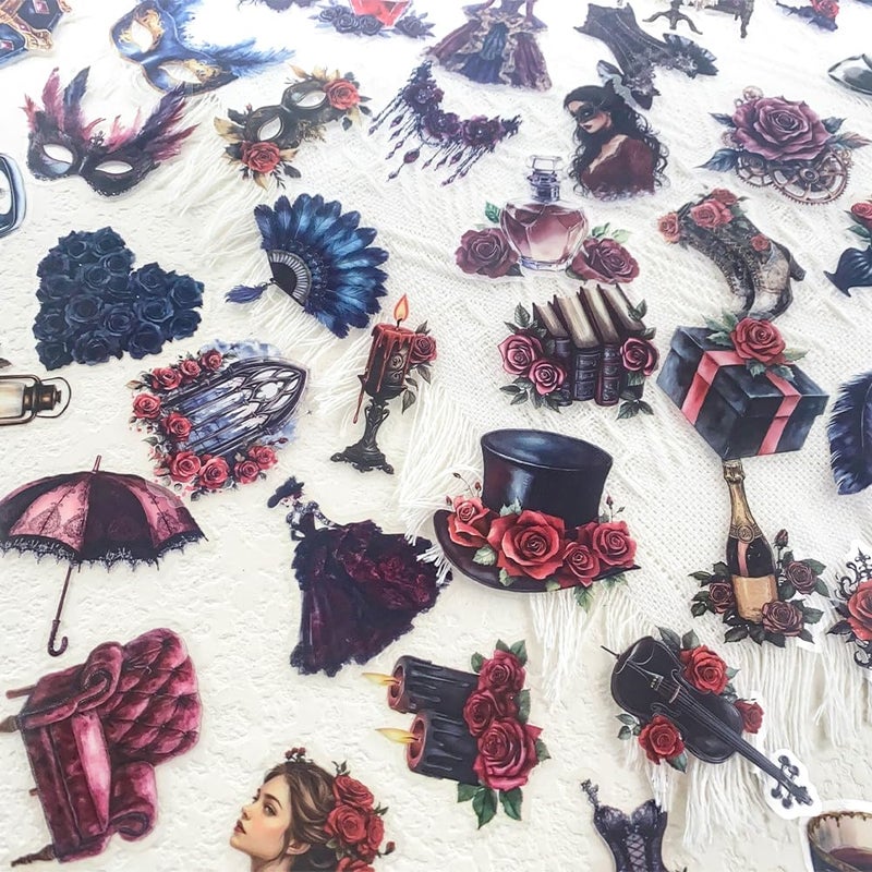 YOKSAS 50 Pcs Gothic Masquerade Scrapbook Stickers â€“ Vintage Clear Aesthetic Stickers with Victorian Dresses, Masks, Roses, Corsets, Dark Romance Ephemera for Journaling, Crafts, Laptop, Gift Decoration - Image 3