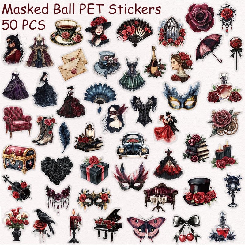 YOKSAS 50 Pcs Gothic Masquerade Scrapbook Stickers â€“ Vintage Clear Aesthetic Stickers with Victorian Dresses, Masks, Roses, Corsets, Dark Romance Ephemera for Journaling, Crafts, Laptop, Gift Decoration - Image 2