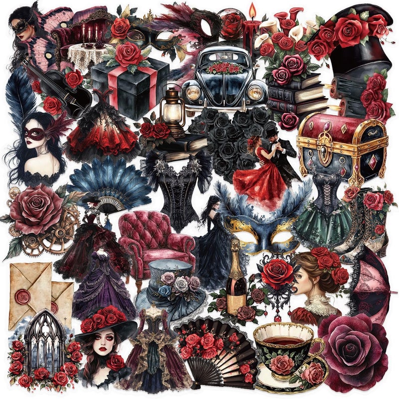 YOKSAS 50 Pcs Gothic Masquerade Scrapbook Stickers â€“ Vintage Clear Aesthetic Stickers with Victorian Dresses, Masks, Roses, Corsets, Dark Romance Ephemera for Journaling, Crafts, Laptop, Gift Decoration - Image 1