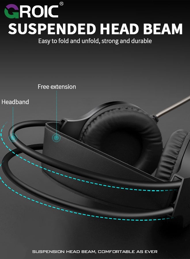 PC Headphones with Mic, RGB Headset, USB Headset with Microphone for PC, Laptop, Game Console, Virtual Surround Sound