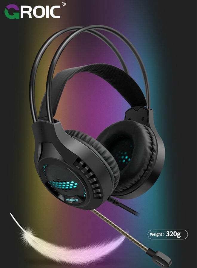 PC Headphones with Mic, RGB Headset, USB Headset with Microphone for PC, Laptop, Game Console, Virtual Surround Sound
