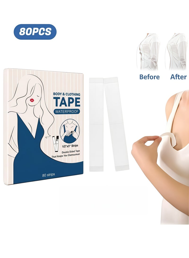 Elaimei 80 Strips Double Sided Body & Clothing Tapes, Fashion Tape for Clothes, Dispenser Disposable & Waterproof Tapes For Women Clothes to Skin Body Tape for Any Kinds of Clothes Ideal Tape to Hold Clothes in Place - Image 1