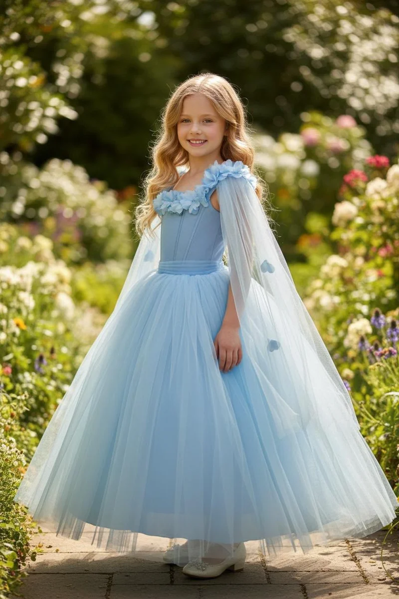 Via Bambino Periwinkle Beaded Off-Shoulder Gown
