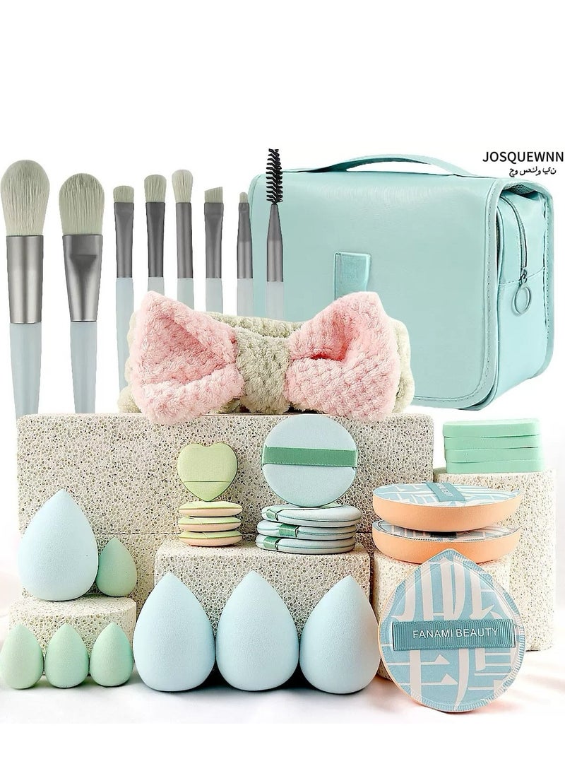JOSQUEWNN Makeup Brush Set 33Pcs Makeup Tool Set, Premium Synthetic Foundation Powder Concealers Eye Shadows Blush Makeup Brushes Powder Puff, Green, 33 Piece Set.  - Image 1