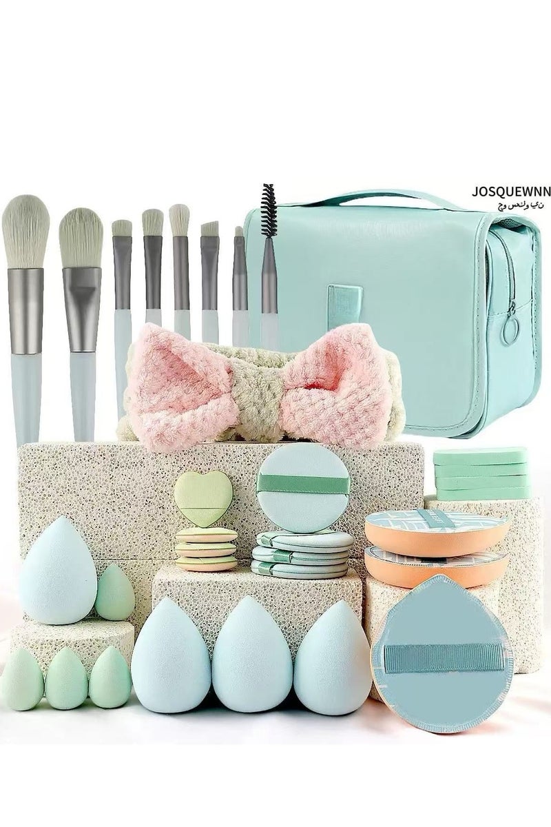 جوسكوين مجموعة فرش مكياج 33 قطعة، طقم أدوات مكياج، شعيرات صناعية عالية الجودة لتوزيع كريم الأساس، البودرة، الكونسلر، ظلال العيون، أحمر الخدود، فرش مكياج، إسفنجة بودرة، باللون الأخضر، مجموعة مكونة من 33 قطعة. - Image 1
