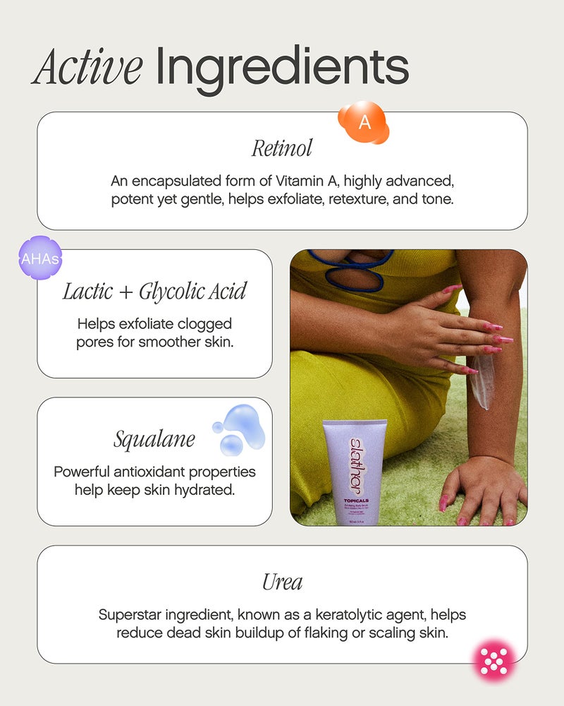 TOPICALS سيروم تقشير الجسم من توبكالز سلاذر - مع الريتينول، السكوالين، اليوريا وأحماض ألفا هيدروكسي للبشرة المتعرجة أو الخشنة أو ذات الملمس - سيروم تقشير AHA للجسم (5 أونصة سائلة) - Image 5