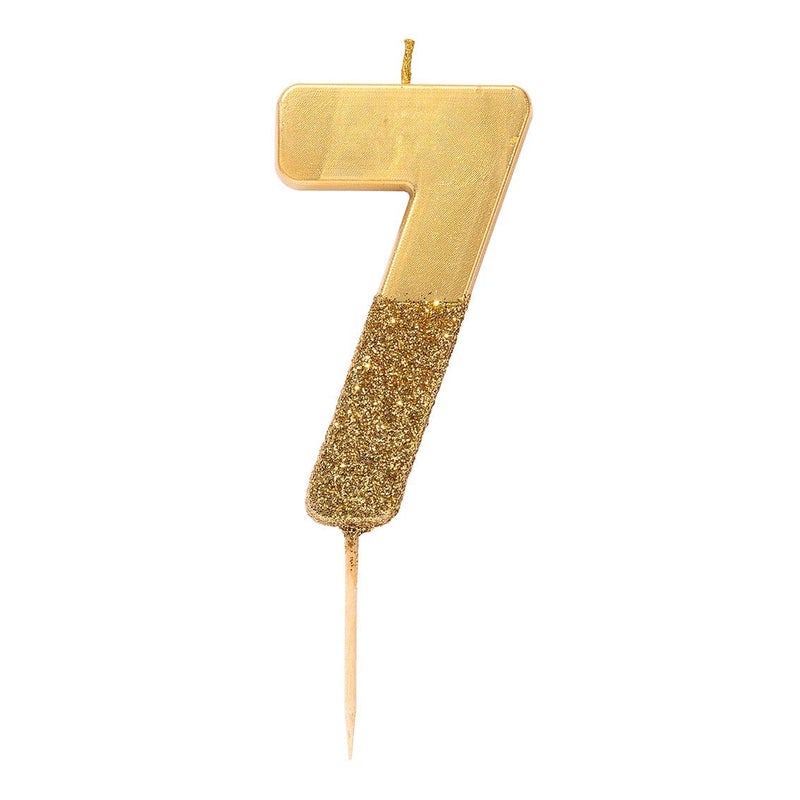 Talking Tables Gold Glitter Number 7 Candle-Premium Quality Cake Topper Decoration Pretty, Sparkly For Kids, Adults, 7th, 70th Birthday Party, Anniversary, Milestone, Height 8cm, 3" - Image 1