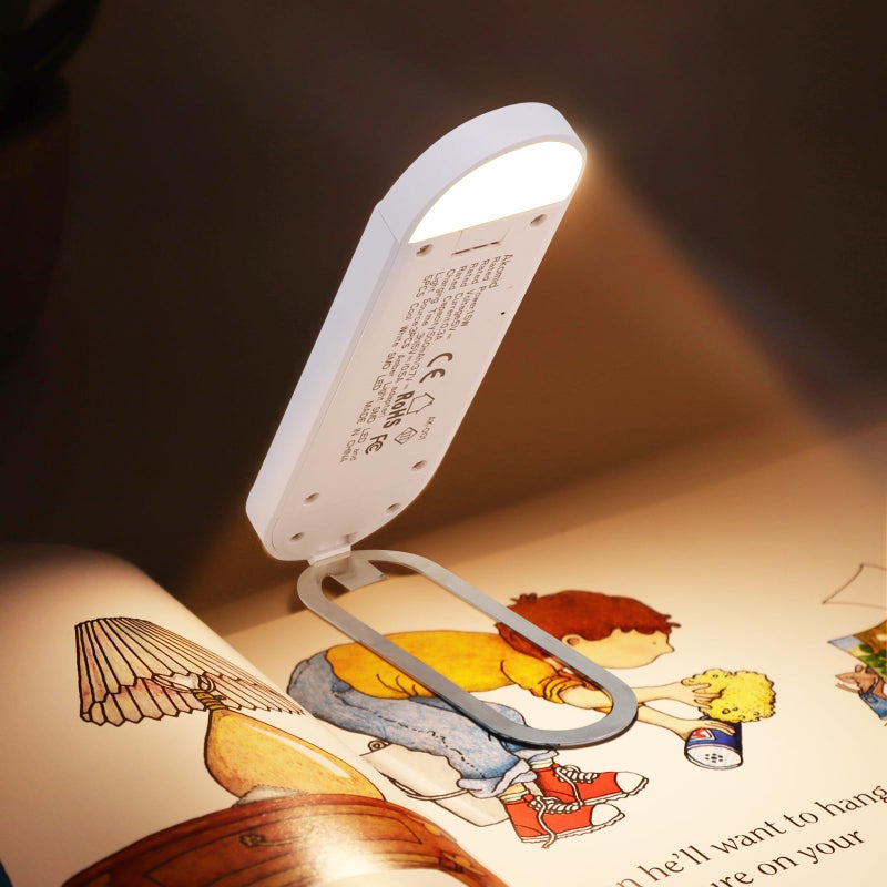 Akomid Book Light USB Rechargeable Clip on Reading Light, Eye-Cared Amber Light Mode Book Light for Reading in Bed Kids, 8 LEDs Bookmark Portable Stepless Dimming, White - Image 2