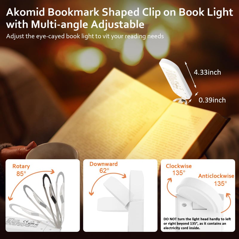 Akomid Book Light USB Rechargeable Clip on Reading Light, Eye-Cared Amber Light Mode Book Light for Reading in Bed Kids, 8 LEDs Bookmark Portable Stepless Dimming, White - Image 5