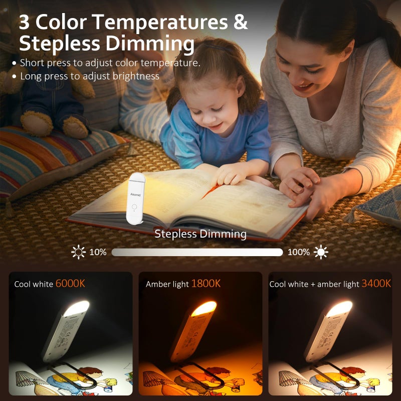 Akomid Book Light USB Rechargeable Clip on Reading Light, Eye-Cared Amber Light Mode Book Light for Reading in Bed Kids, 8 LEDs Bookmark Portable Stepless Dimming, White - Image 4