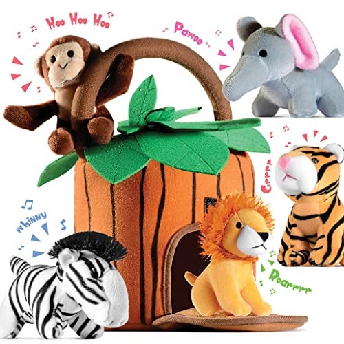Play22 6Piece Plush Talking Jungle Animals Set with Carrier for Kids Babies  Toddlers  Elephant Tiger Lion Zebra Monkey - Image 1